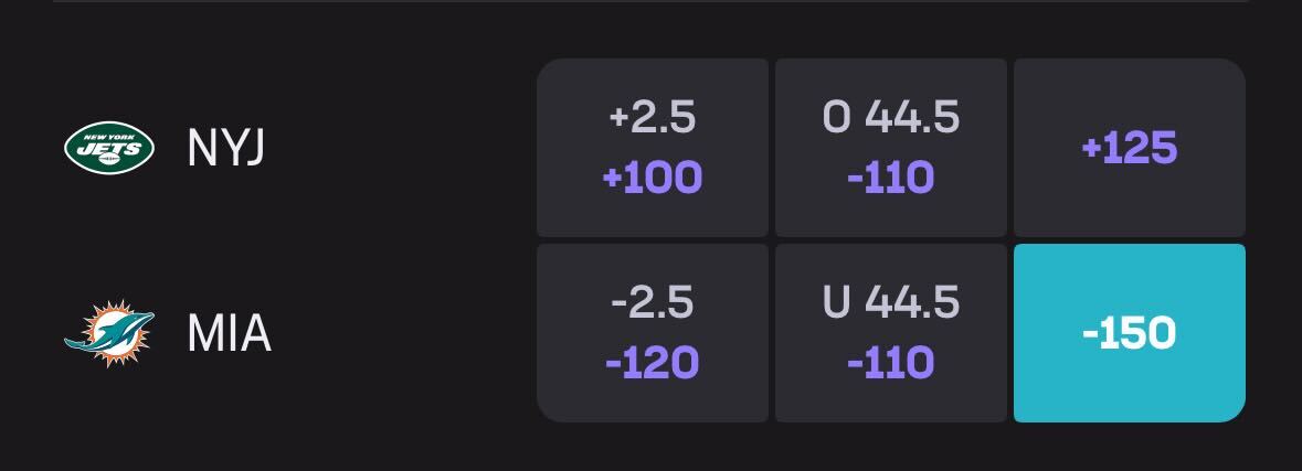 Jets vs Dolphins odds at Hard Rock Bet Sportsbook