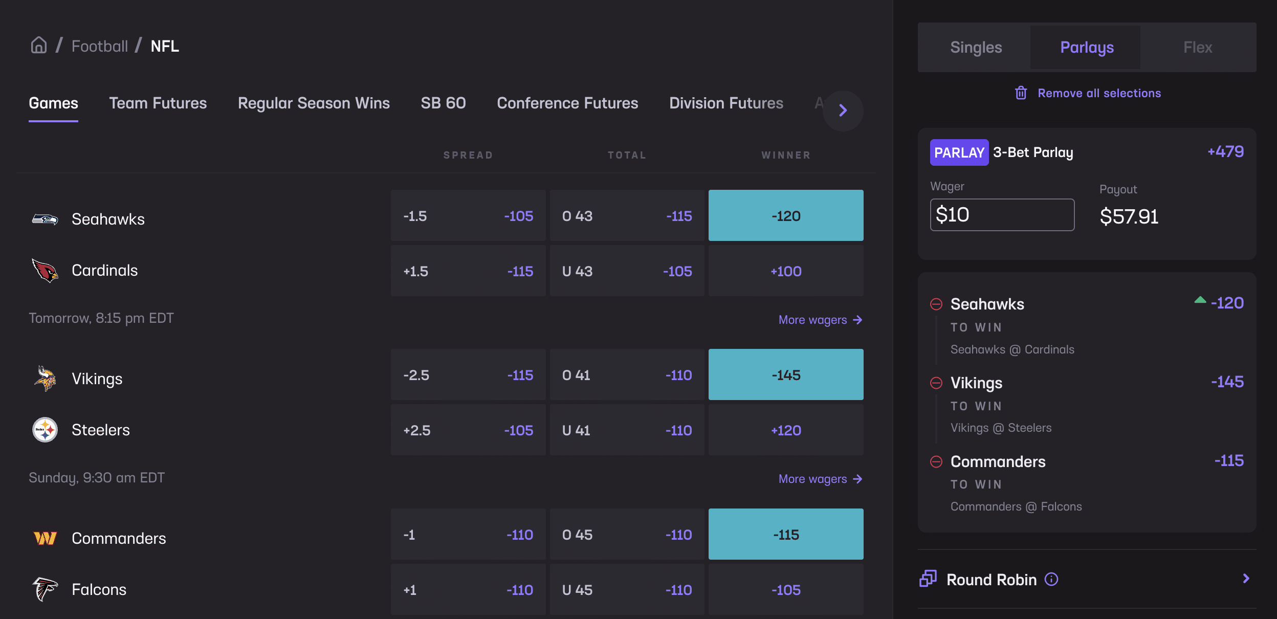 Selecting multiple moneyline favorites at Hard Rock Bet Sportsbook